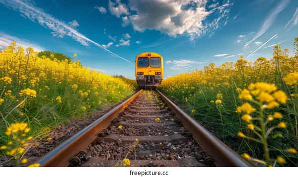 Train ride through a field of yellow flowers