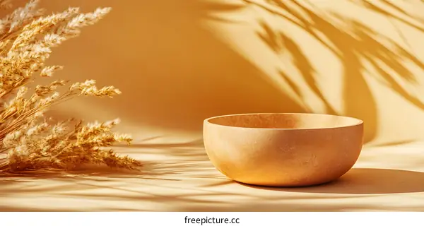 Wooden Bowl with Wheat Grass on Beige Background