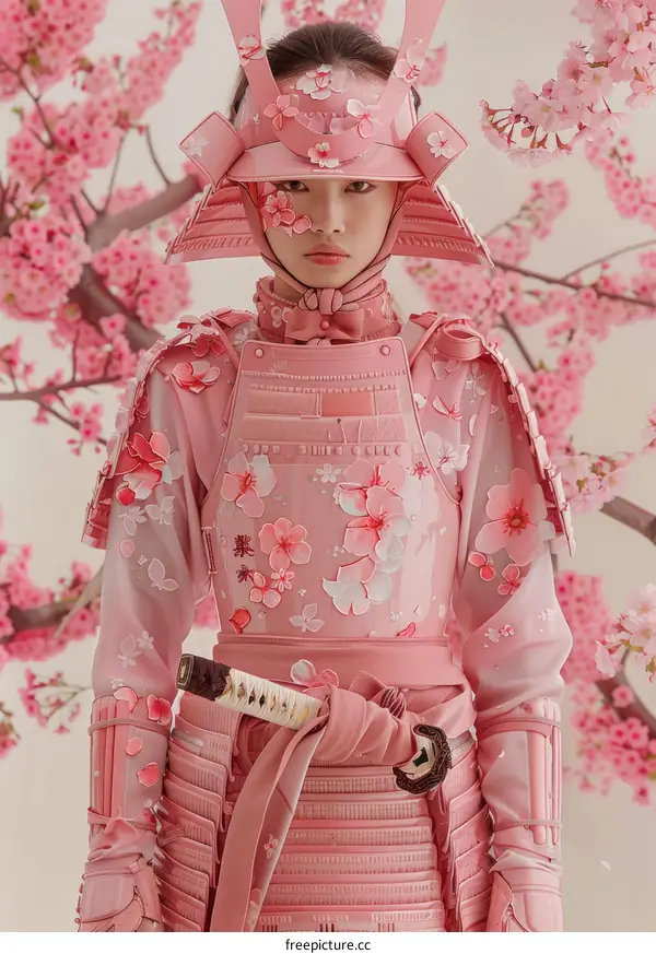 Portrait of a young woman wearing a cherry blossom pink samurai armor