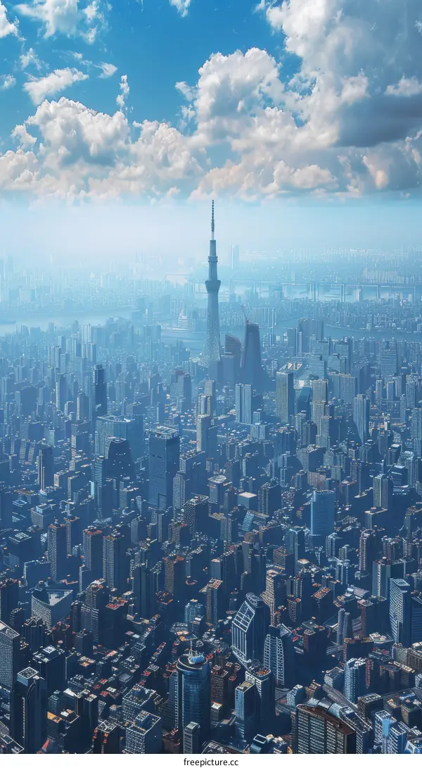 A metropolis with a tall tower in the center