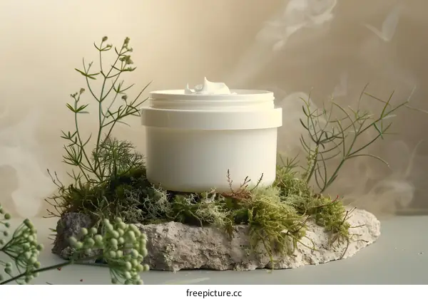 White Cream Jar on Rock With Green Moss and Plants