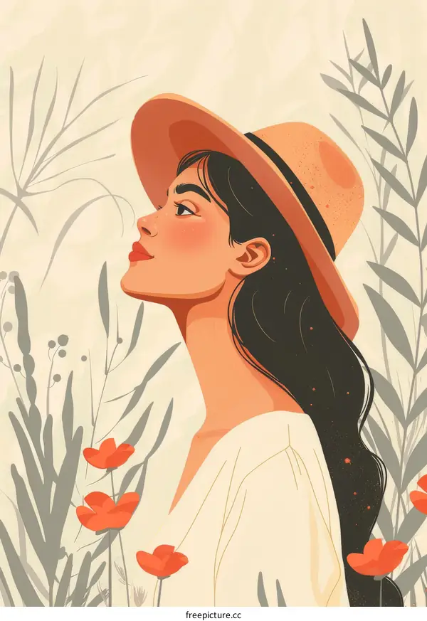 An illustration of a woman wearing a hat and looking up at the sky