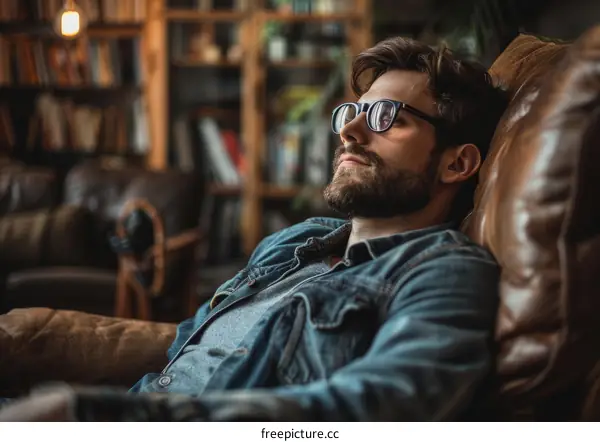 pensive man relaxing in a leather chair