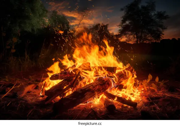 A bonfire burns in a forest at night