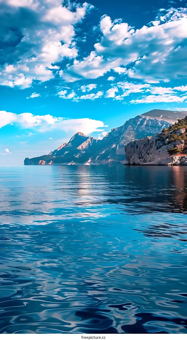 Blue Ocean and Mountains under a Cloudy Sky