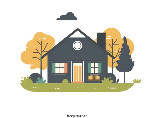 Cute House Illustration with Trees and a Cloud