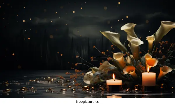 Elegant white calla lilies and candles on a dark blue background