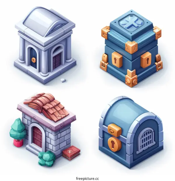 A collection of isometric buildings including a bank, a house, a treasure chest, and a dungeon