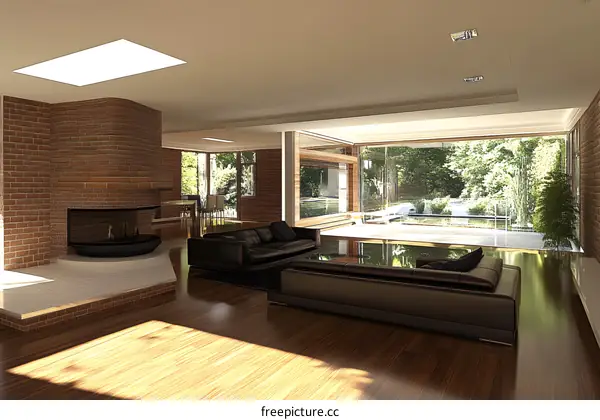 Modern Living Room Interior Design with Brick Wall and Pool View