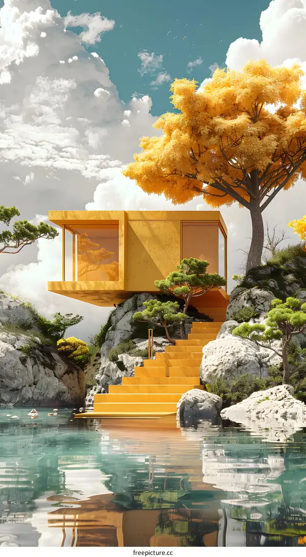 A modern house on a lake with a yellow tree
