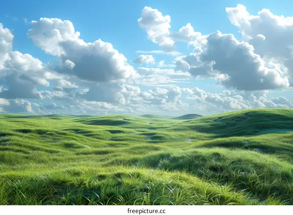 Green Rolling Hills Under a Blue Sky with Billowing Clouds