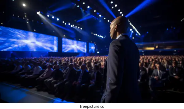 A man standing on a stage in front of a large audience.