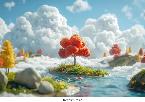 Lone tree on a small island in a river on a gloomy day