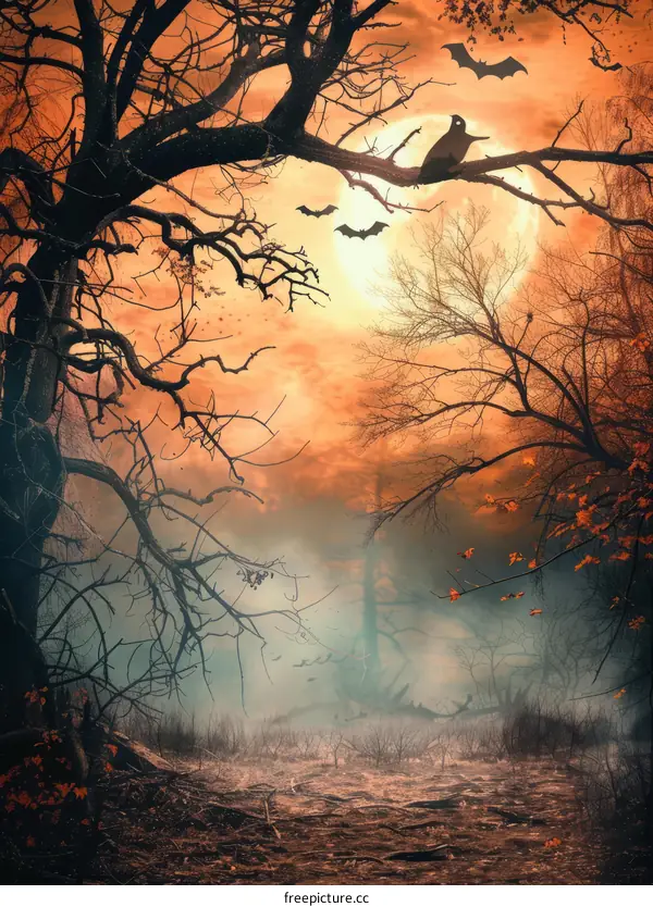 Raven and Bats in Forest Under Full Moon