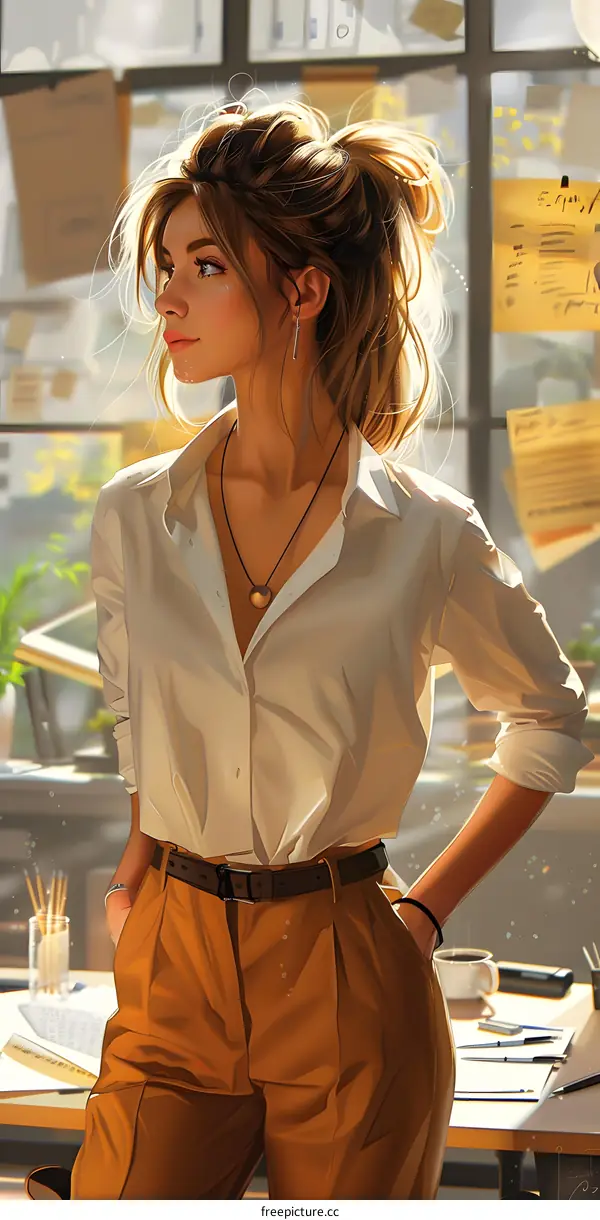 portrait of a young woman in a white shirt and brown pants standing in an office