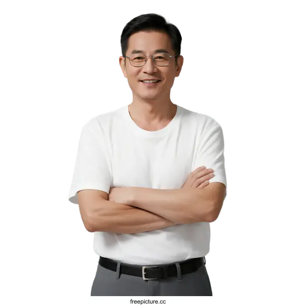[Transparent Background PNG]Middle - aged man with arms crossed wearing white t - shirt