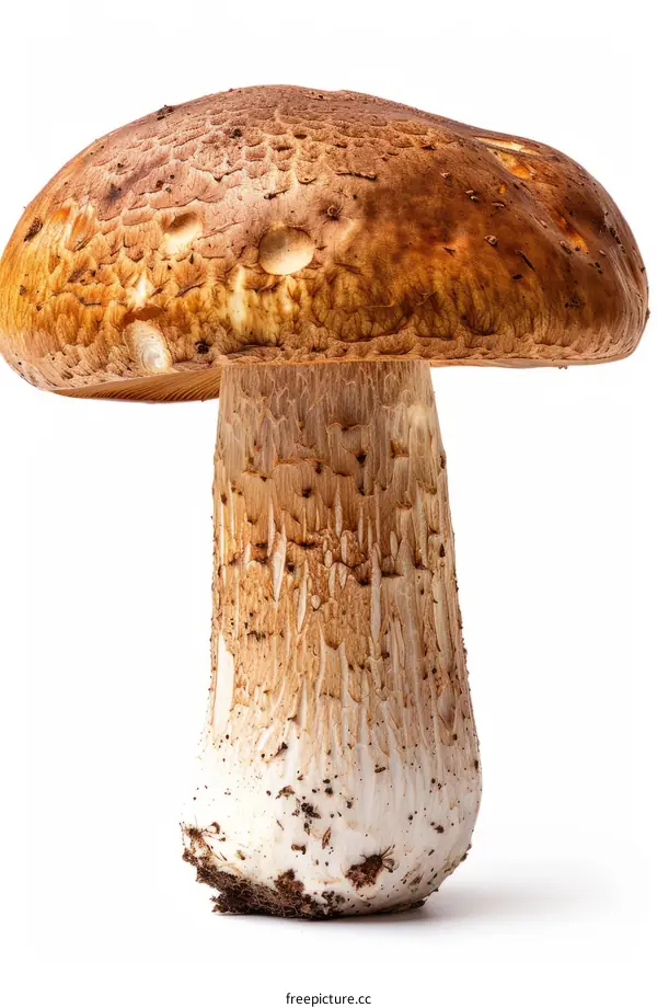 Close up of a large brown mushroom with a white stem