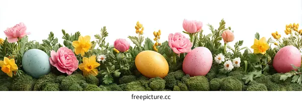Colorful Easter Eggs and Flowers Border