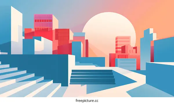 Abstract Cityscape Illustration with Sun in the Sky