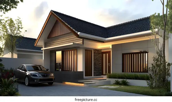 Modern House with A Gable Roof and Car in Front