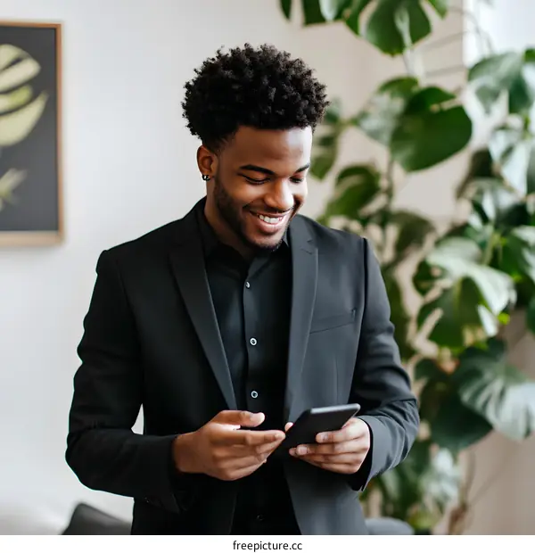 African American Man in Black Suit Uses Smartphone
