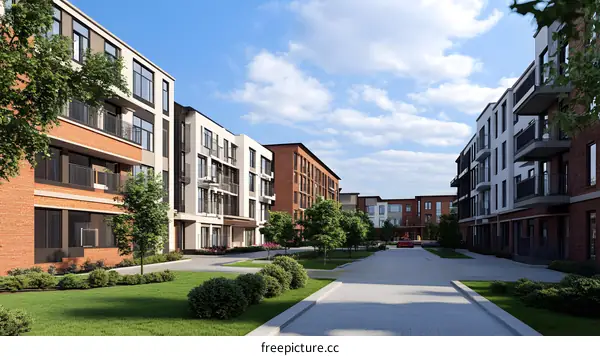 Modern Apartment Building Complex with Green Landscaping