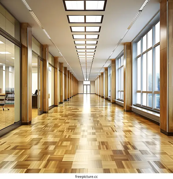 Modern Office Hallway with Wooden Floor and Windows