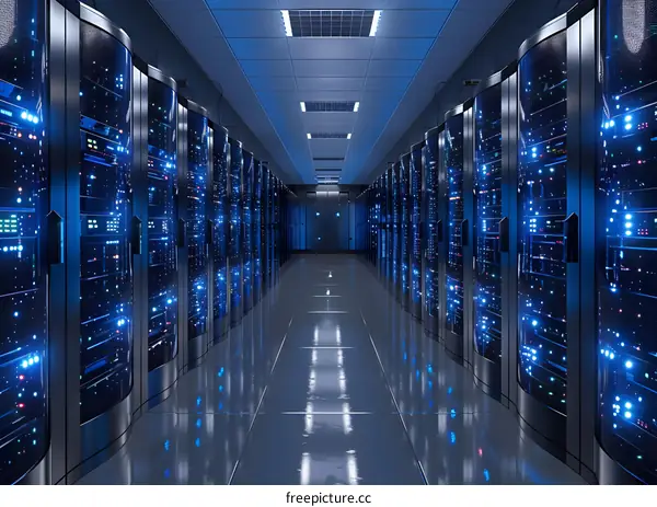 Server room with rows of server racks containing multiple server blades