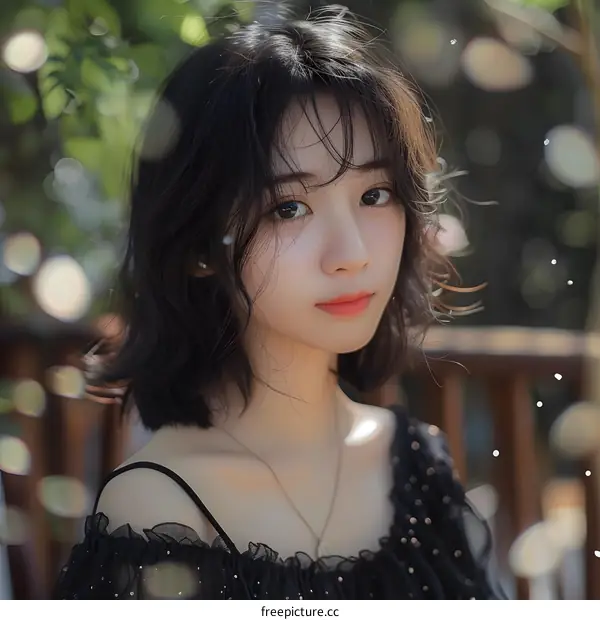 Young Asian Woman with Short Black Hair Looking at the Camera