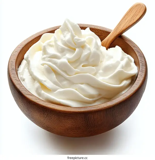 Delicious Whipped Cream in Wooden Bowl