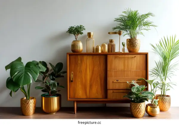 Stylish Gold Planters with Wooden Cabinet