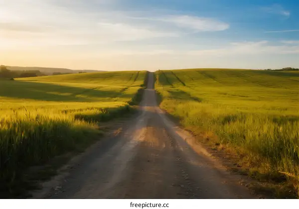 A scenic dirt road winding through lush green fields under a clear sky