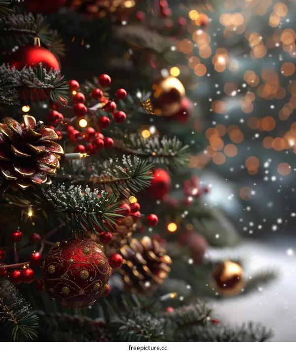 Christmas Tree Decorated with Red and Gold Ornaments