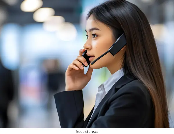 Asian Businesswoman Talking on the Phone with Headset
