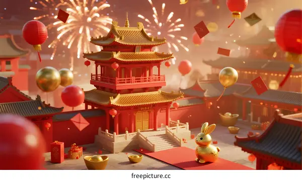 Festive Chinese New Year Scene with Traditional Architecture and Rabbit Decoration