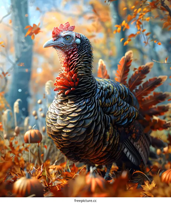 A turkey standing in an autumn forest
