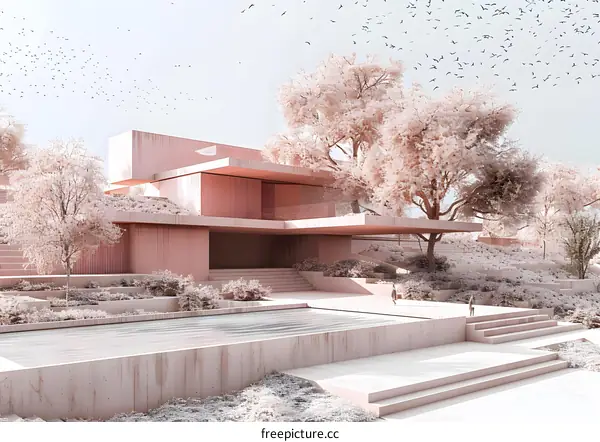 Modern House with Pink Trees and Birds