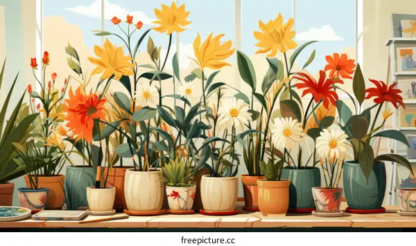 A colorful illustration of a variety of flowers in pots on a table