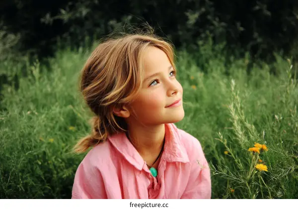 A Little Girl Looking Up at the Sky in a Meadow