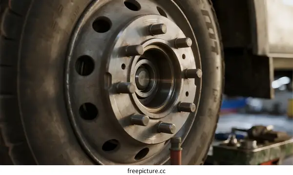 Close-up view of truck wheel with bolts and rim