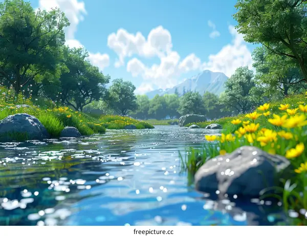 Tranquil Nature Landscape Along Serene Valley River