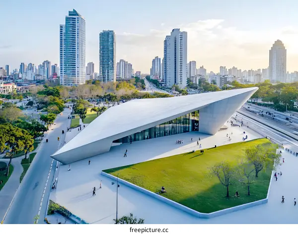Modern Architecture Building With Grassy Area In City