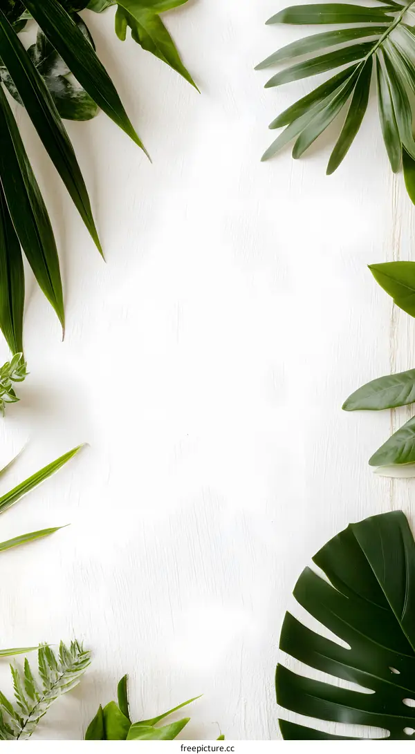 Green Leaves on a White Wooden Background