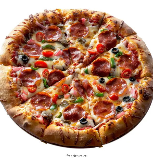 Pepperoni Pizza with Olives, Bell Peppers, and Tomatoes