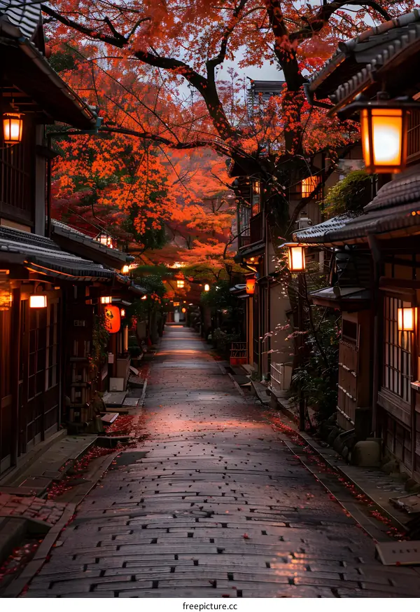 Autumn alley with red leaves in Kyoto Japan