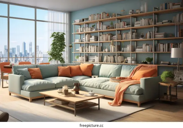 A stylish living room with a large bookshelf and a city view