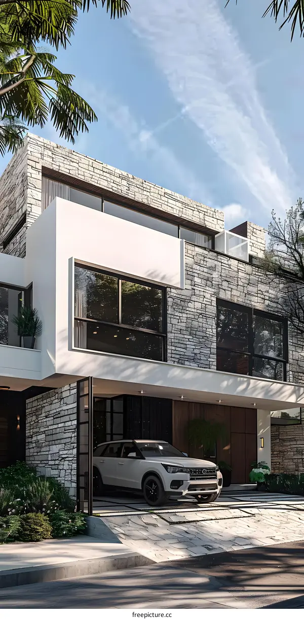 Modern House Exterior Design with Stone Facade and Car in Garage