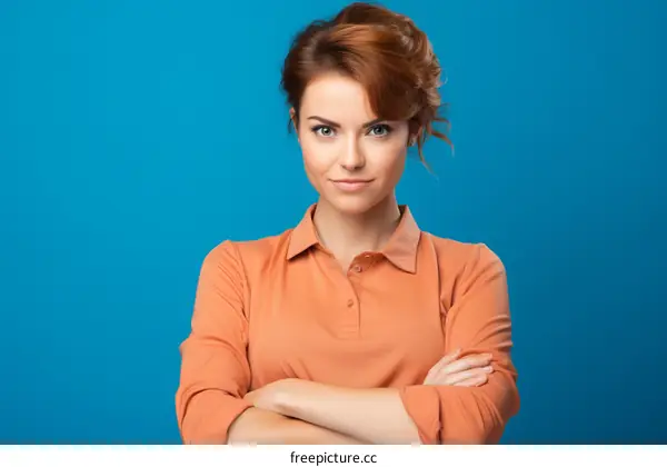 Portrait of a young woman with red hair wearing an orange shirt