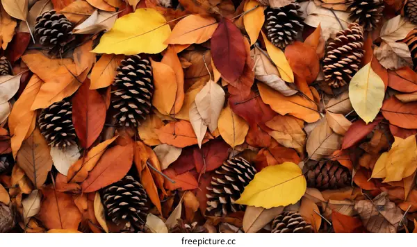 Colorful autumn leaves and pine cones background