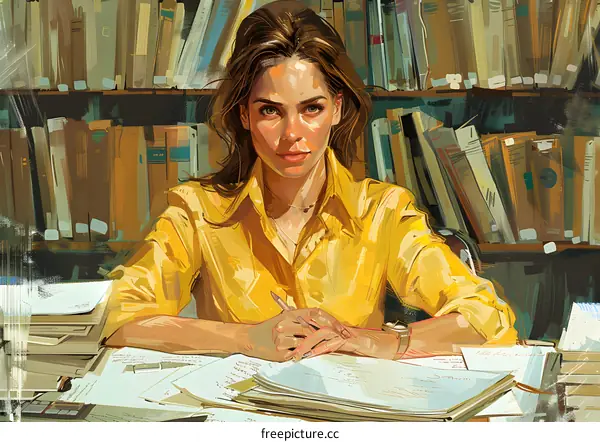 portrait of a young woman in a yellow shirt sitting at a desk in a library